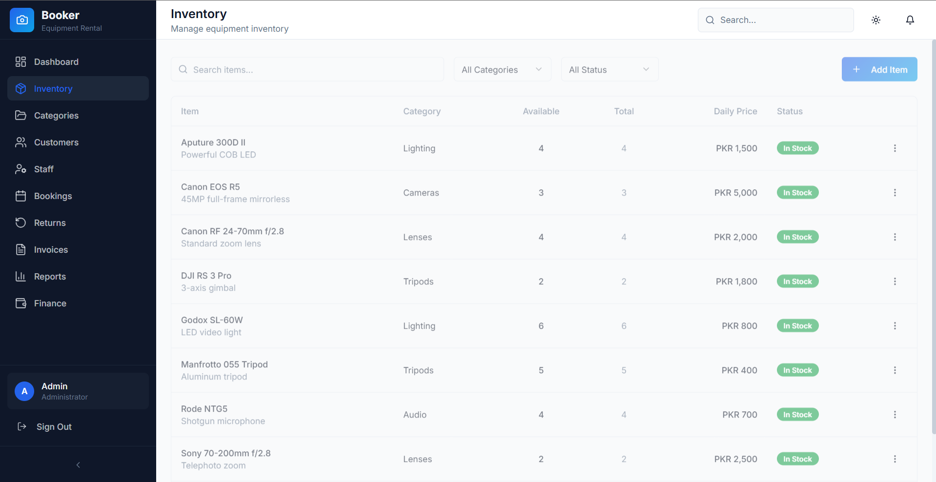 Booker inventory table with stock, pricing and status